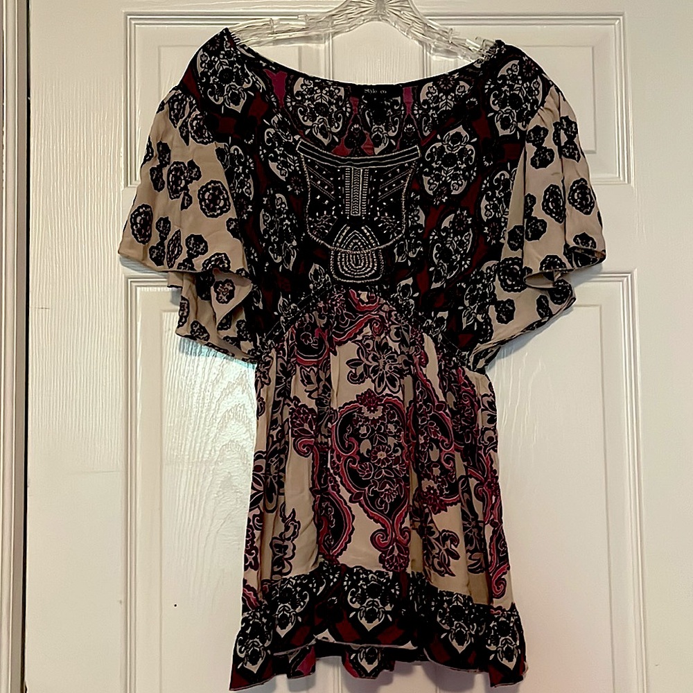 Boho blouse, size M, raspberry, pink, taupe and cream design & floaty sleeves